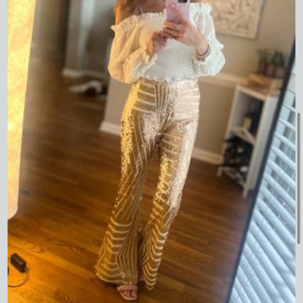 Apricot rose gold champagne sparkly wide leg sequin trousers - Picture 8 of 16